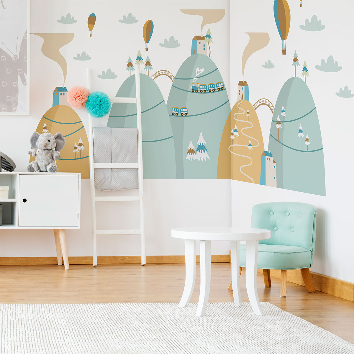 Stickers muraux enfants - Décoration chambre bébé - Autocollant Sticker mural géant enfant montagnes scandinaves MONTGOLFIÈRES BALLONS DU CIEL