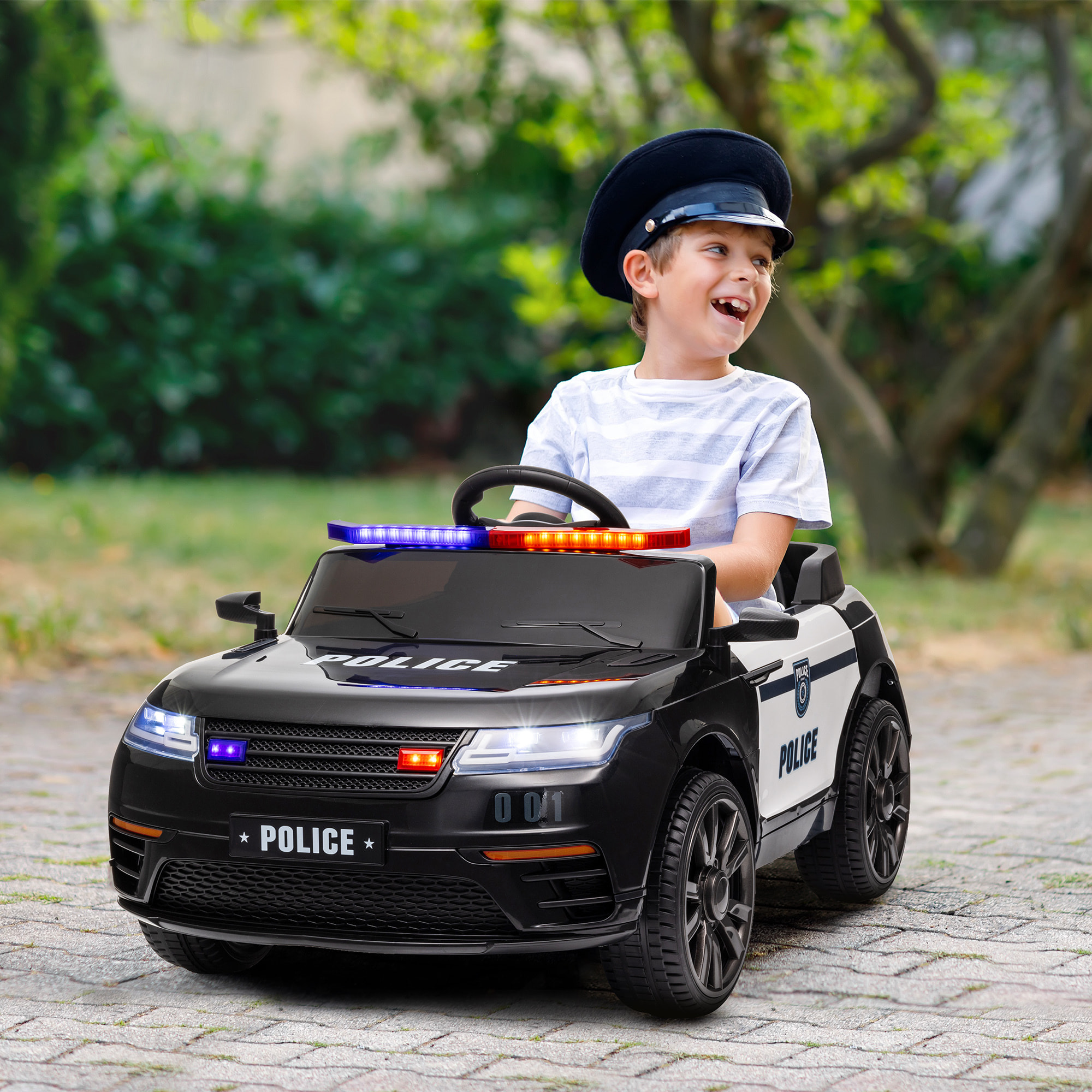 Coche Eléctrico para Niños de +3 Años Carro Eléctrico Infantil de Policía con Batería 12V Mando a Distancia Faros Bocina Sirena Música y Rueda de Entrenamiento Negro