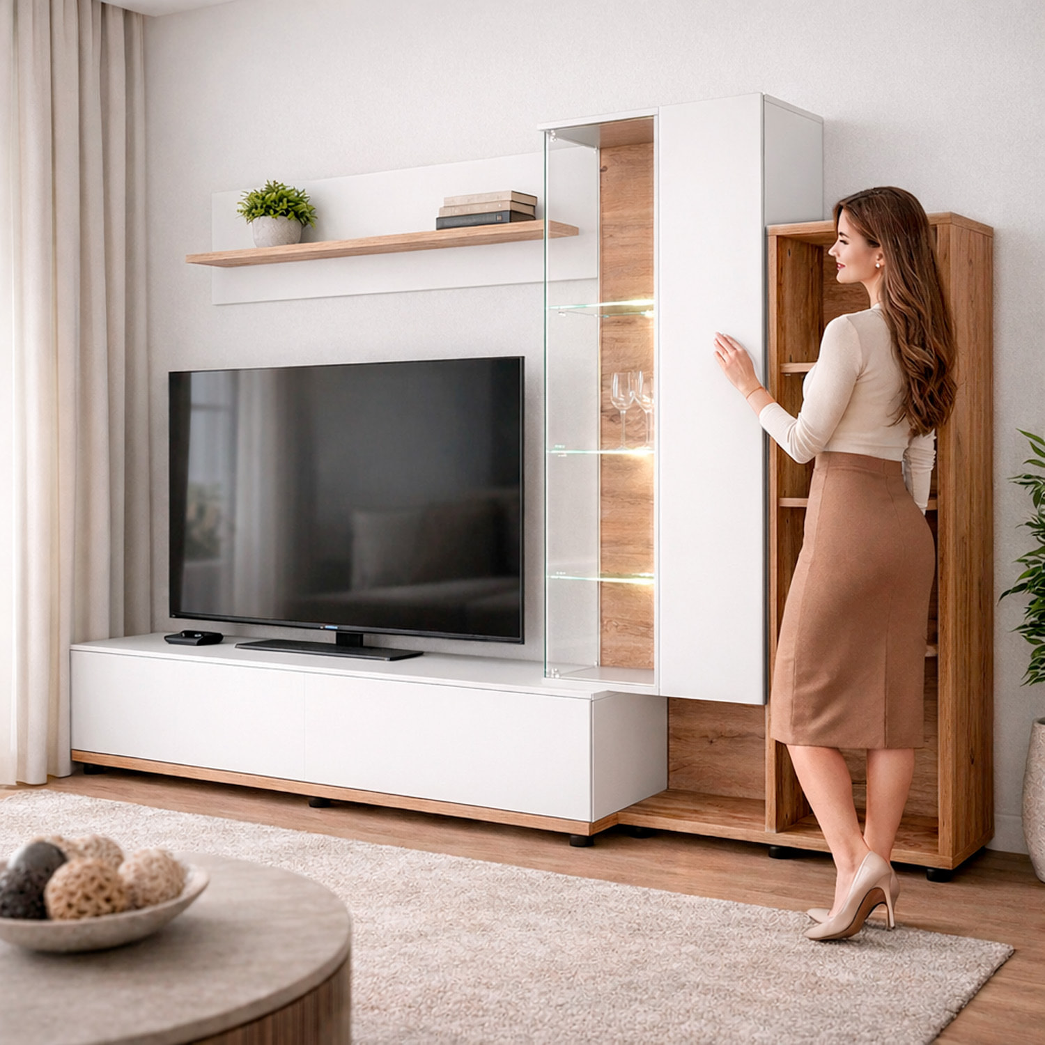 Parete Attrezzata Mobile TV Vetrina LED Living Mensola Vani Multifunzione Design Contemporaneo Arredo Casa 240 x 40 x 145 Cm Bianco Rovere E Scuro