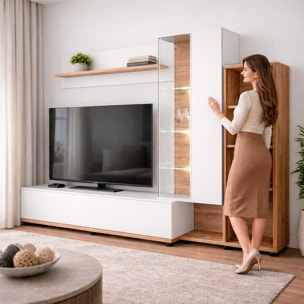 Parete Attrezzata Mobile TV Vetrina LED Living Mensola Vani Multifunzione Design Contemporaneo Arredo Casa 240 x 40 x 145 Cm Bianco Rovere E Scuro