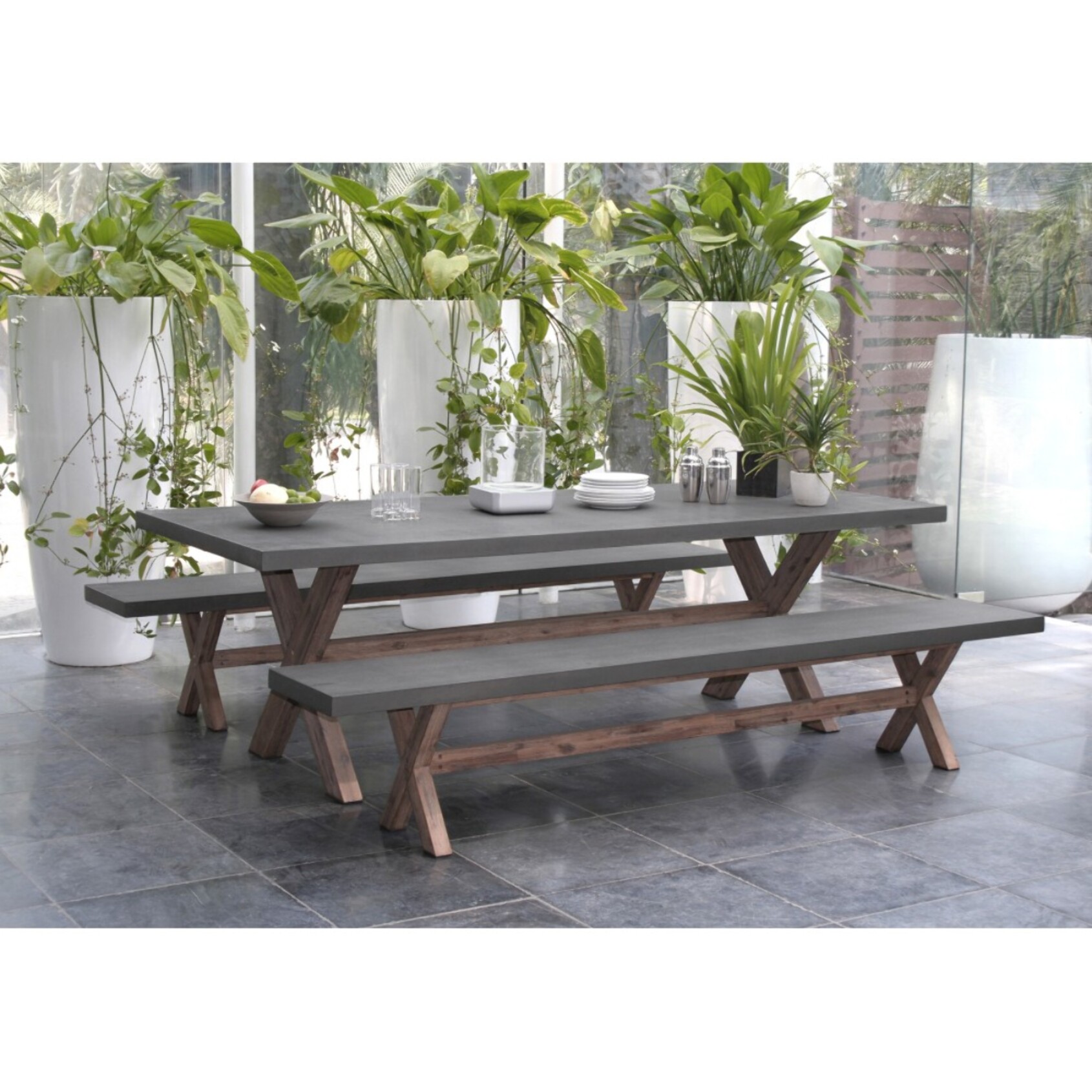 HECTOR - SALON DE JARDIN EN FIBRE DE BETON ET ACACIA 8 pers - Ensemble jardin - 1 Table rectangulaire 200*100 cm et 2 bancs