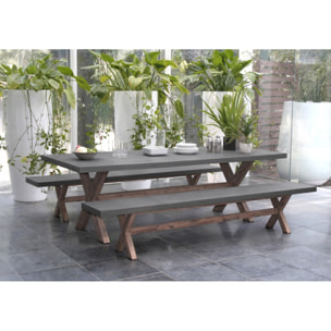 HECTOR - SALON DE JARDIN EN FIBRE DE BETON ET ACACIA 8 pers - Ensemble jardin - 1 Table rectangulaire 200*100 cm et 2 bancs