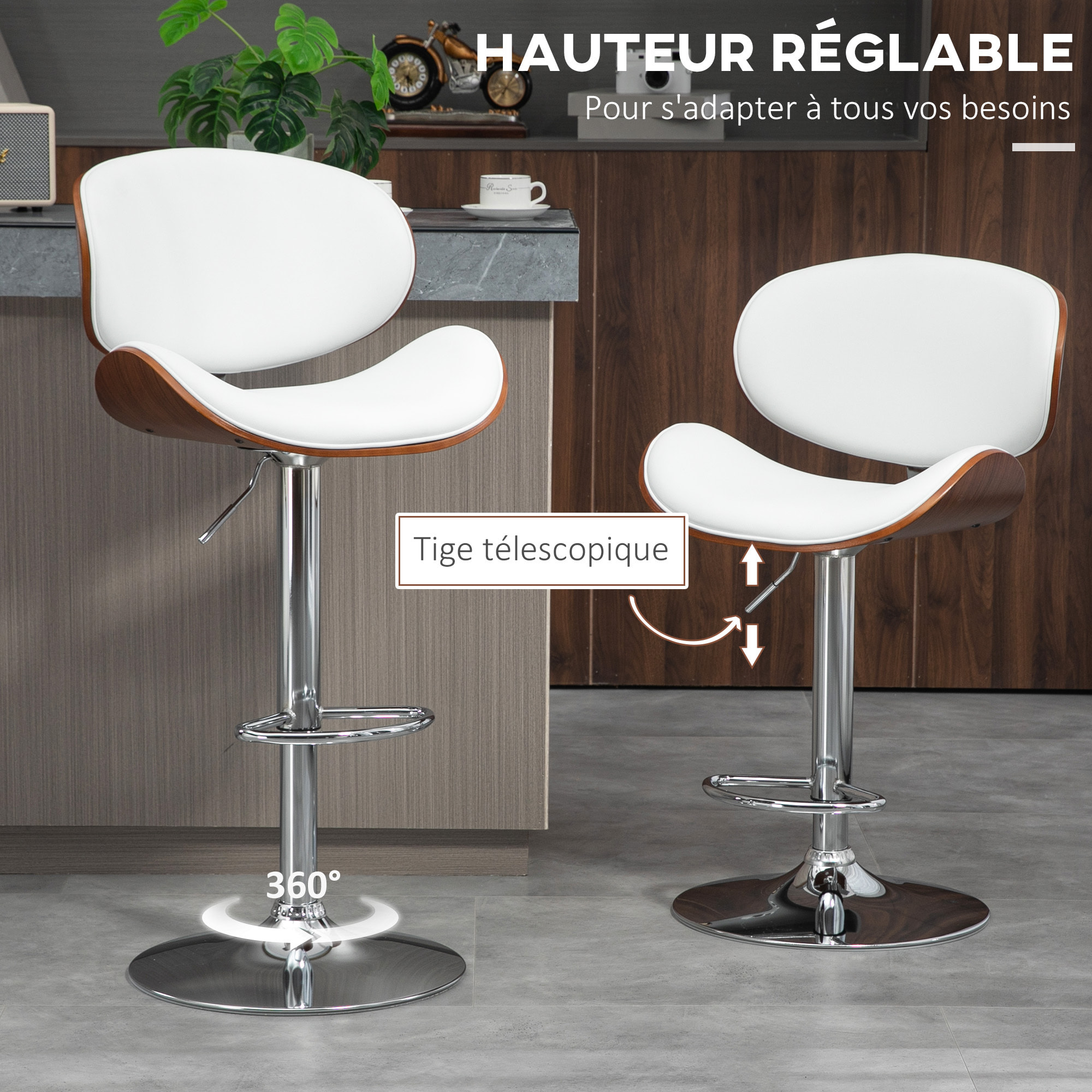 Lot de 2 tabourets de bar design contemporain hauteur d'assise réglable 62-82 cm pivotant 360° bois revêtement synthétique blanc