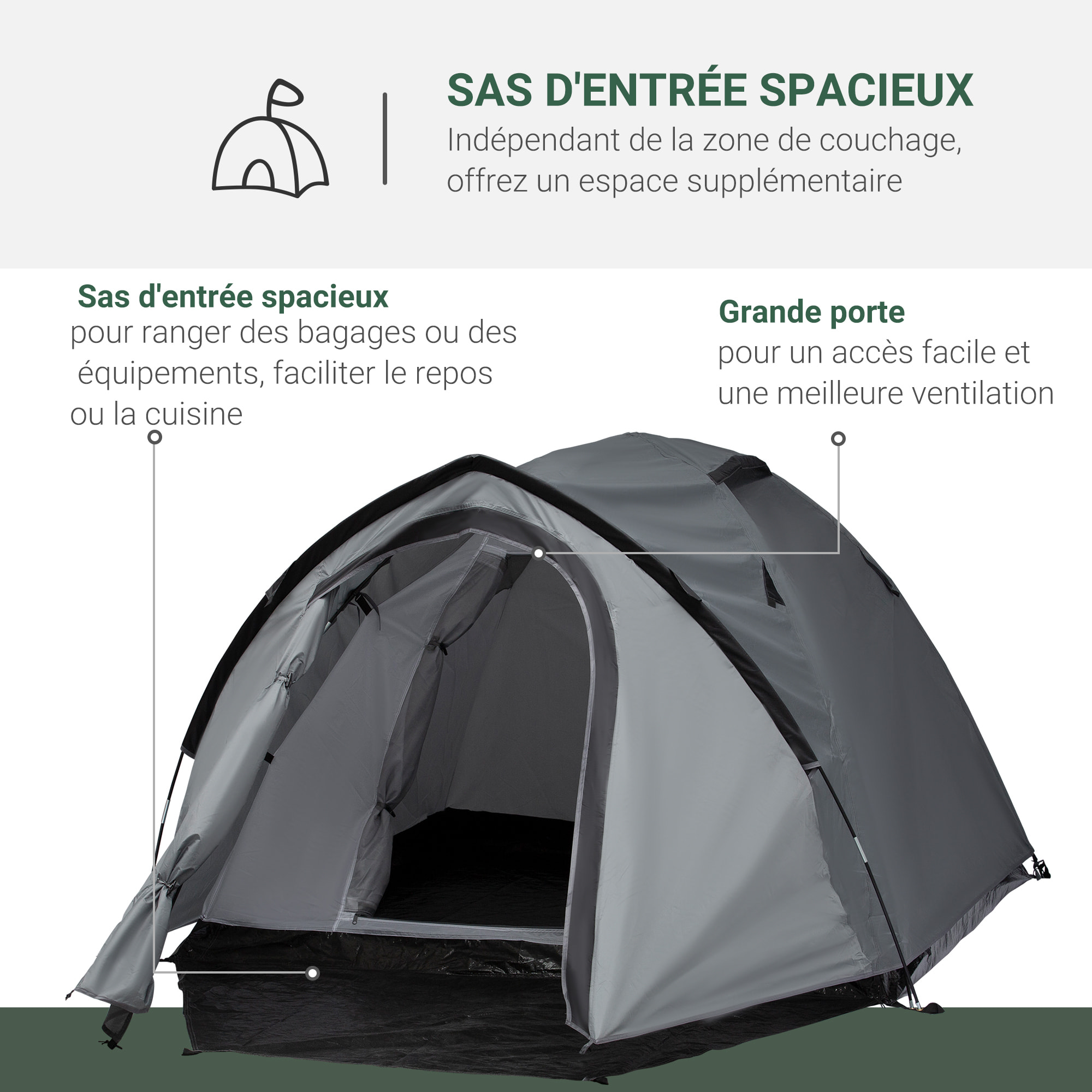 Tente de camping 2-3 personnes montage facile 2 portes fenêtres dim. 3,25L x 1,83l x 1,3H m fibre verre polyester PE gris