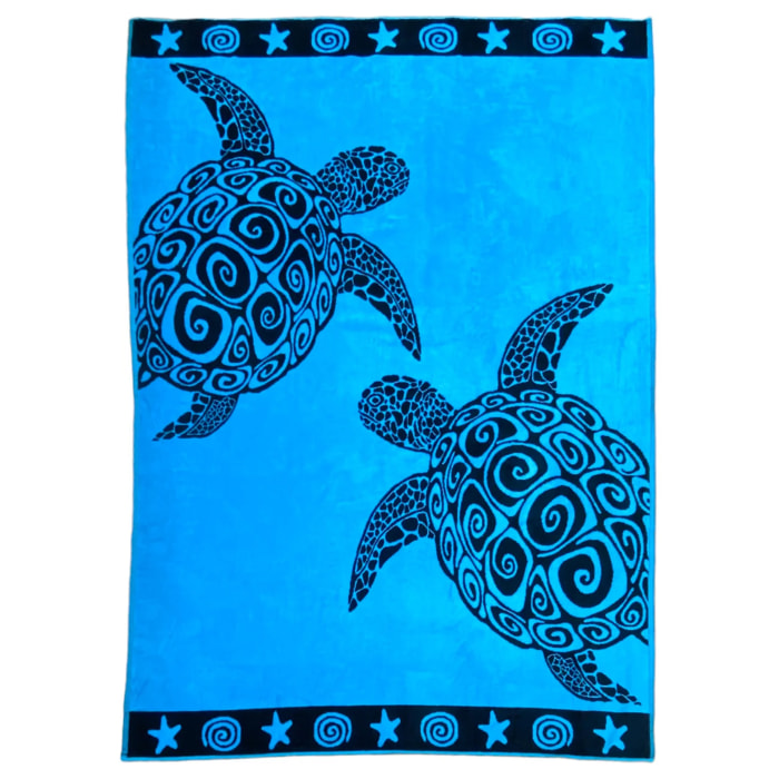 Serviette de plage XL éponge velours Jacquard Bleu 140x180 400g/m² - Turquoise Turtles