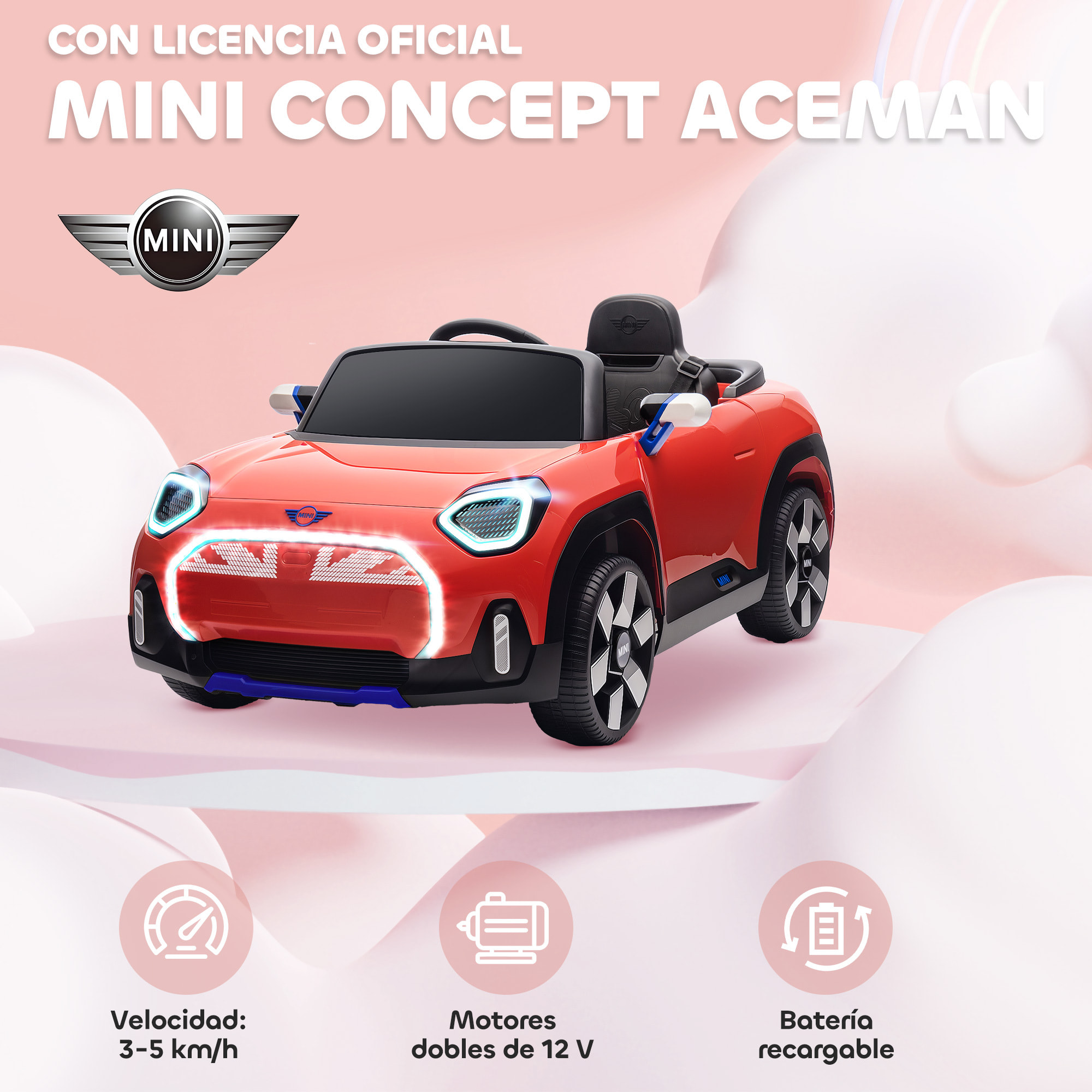Coche Eléctrico para Niños de +3 Años, MINI Concept Aceman, Coche de Batería 12V, con Bluetooth, Mando a Distancia 2,4 G, Motor Doble, Suspensión Trasera, Faros, Música, USB, Rojo