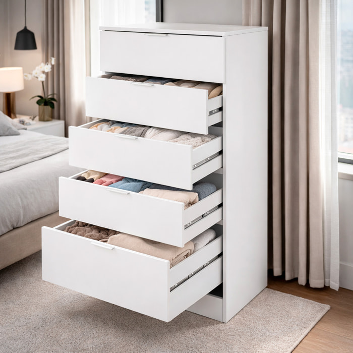 Cassettiera 5 Cassetti Camera Da Letto Corridoio Ripostiglio Disimpegno Ingresso Mobile Alto Comò Salvaspazio 110 x 60 x 40 Cm Colore Bianco
