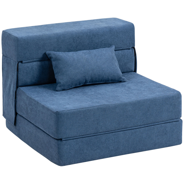 Chauffeuse futon grand confort avec coussin tissu toucher lin bleu
