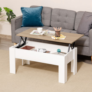 Mesa de Centro Elevable Mesa de Café con Encimera Elevable Espacio Oculto de Almacenaje 100x50x45-58,5 cm Blanco y Natural