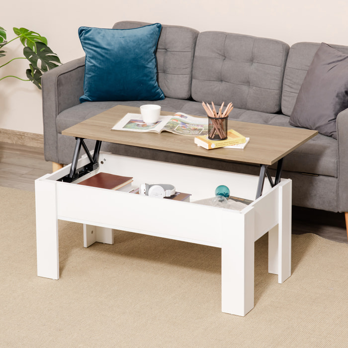 Mesa de Centro Elevable Mesa de Café con Encimera Elevable Espacio Oculto de Almacenaje 100x50x45-58,5 cm Blanco y Natural
