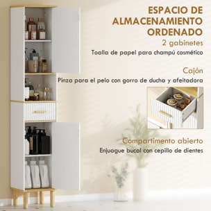 Armario de Baño Alto, Mueble Auxiliar de Baño Estrecho con Estantes Ajustables, Puertas Acanaladas, Cajón, Estante Abierto, Patas de Madera, para Espacios Pequeños, 31,5x29,7x171,5 cm, Blanco