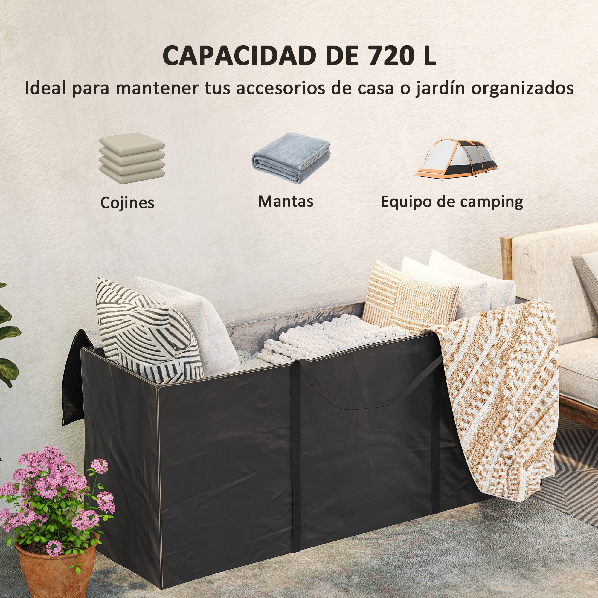 Bolsa de Almacenamiento para Cojines de Jardín Impermeable, Bolsa de Almacenamiento para Árbol de Navidad, Oxford 600D Resistente con Asas, Funda de Cojines para Exterior, 175x55x75 cm, Negro