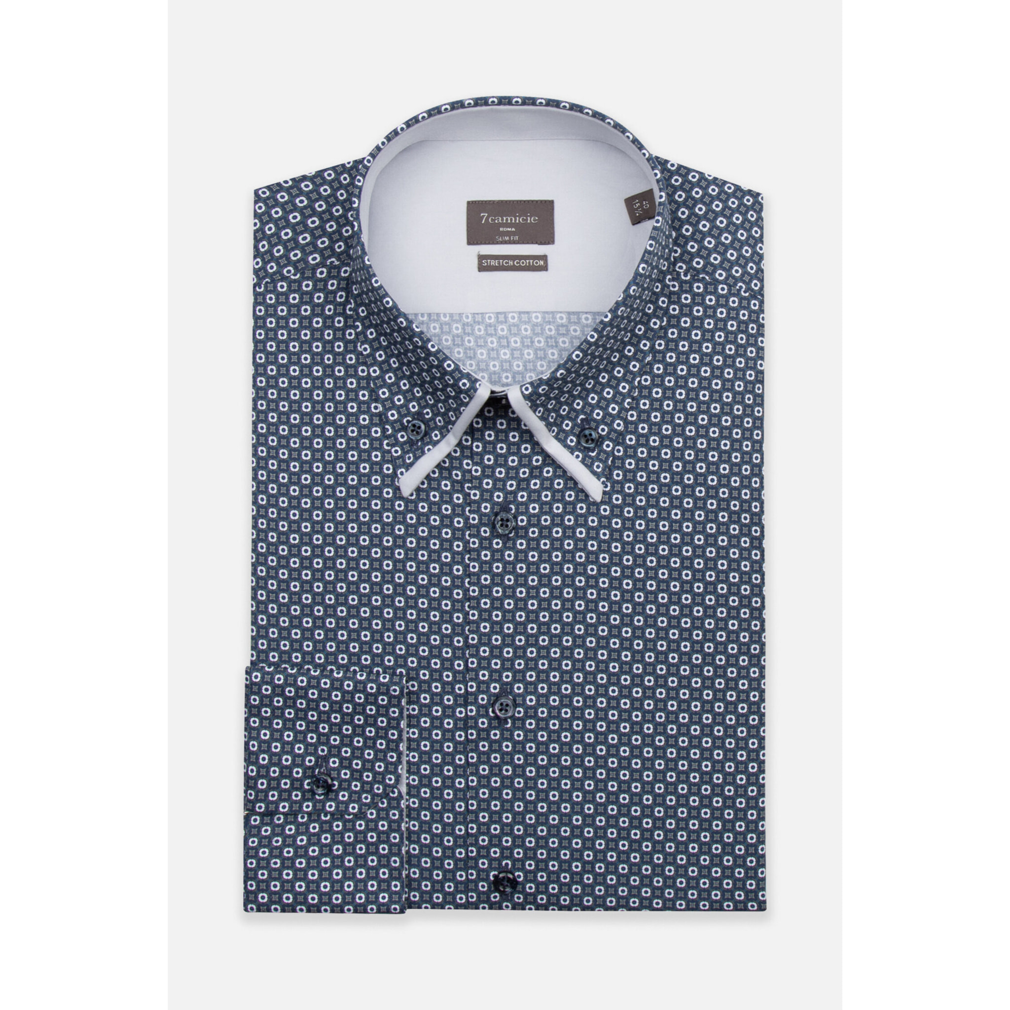Camicia Uomo 2 Bottoni Button Down Doppio Coll Popeline Stretch Stampato Blu\Bianco