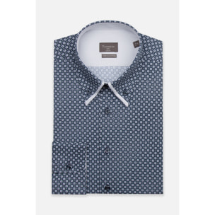 Camicia Uomo 2 Bottoni Button Down Doppio Coll Popeline Stretch Stampato Blu\Bianco