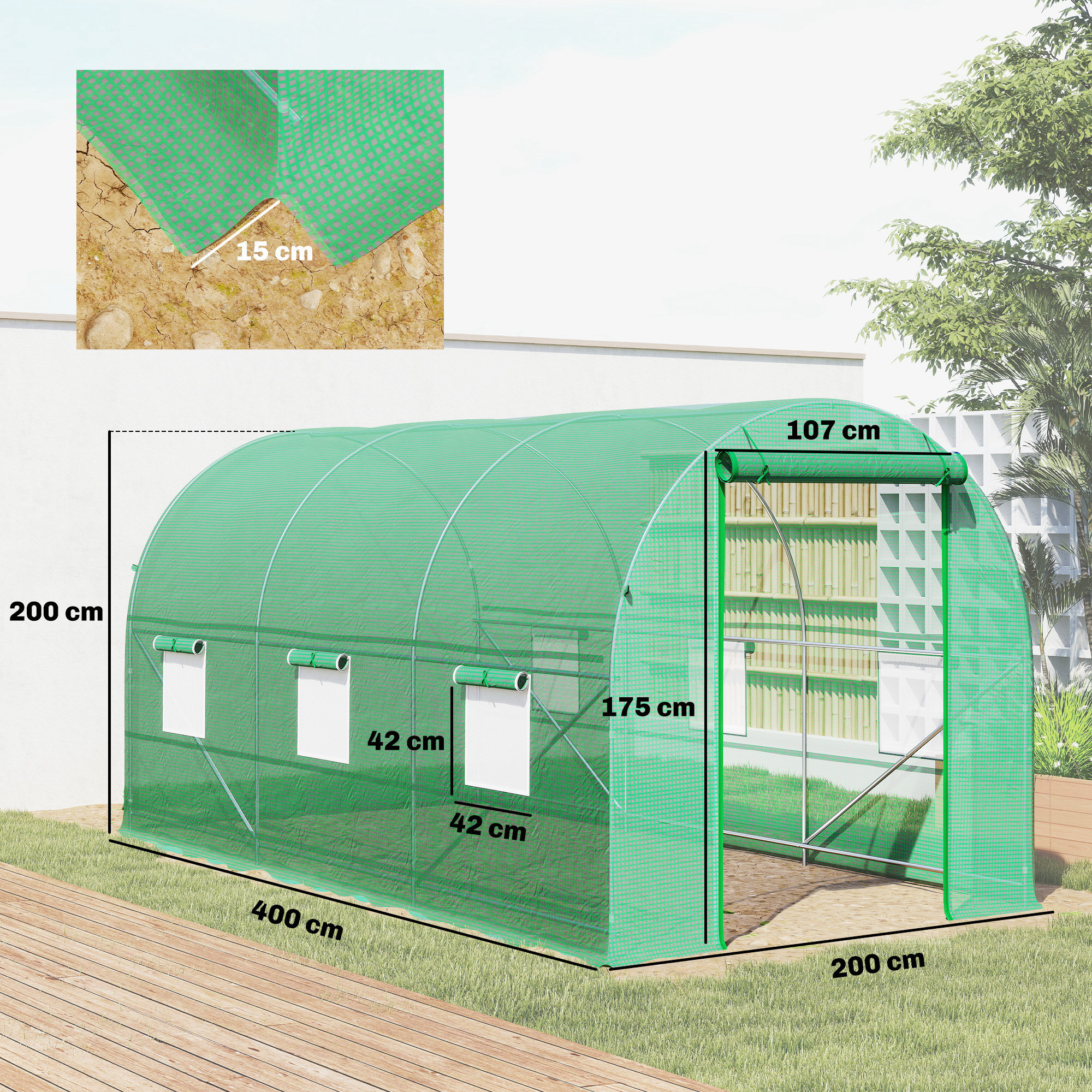 Serre de jardin tunnel surface sol 8 m² 4 x 2 x 2 m châssis tubulaire renforcé 18 mm 6 fenêtres vert