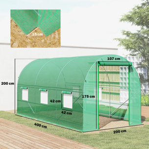 Serre de jardin tunnel surface sol 8 m² 4 x 2 x 2 m châssis tubulaire renforcé 18 mm 6 fenêtres vert
