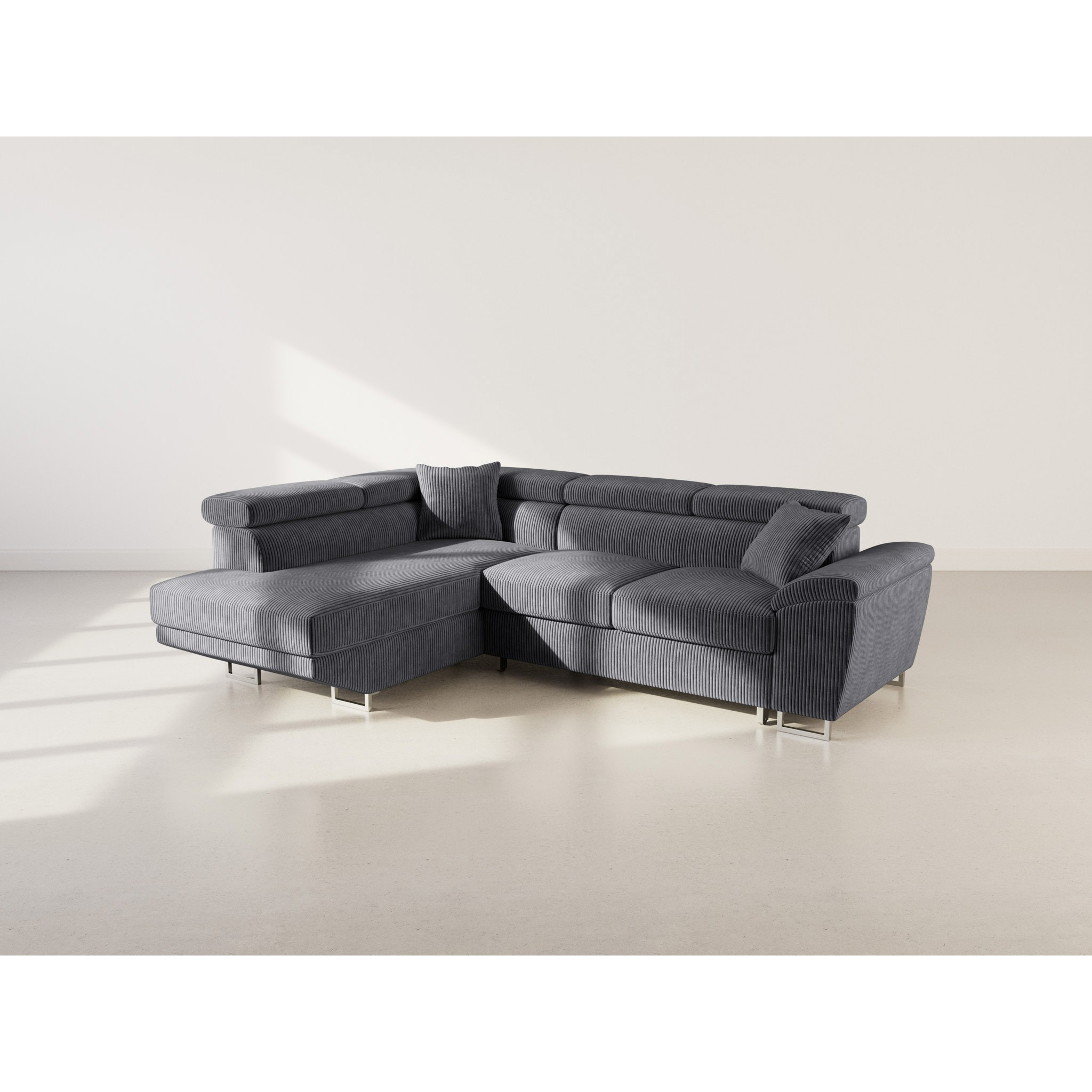 Baoji - Canapé d'angle gauche 5 places convertible avec têtières et coffre en velours côtelé - Gris