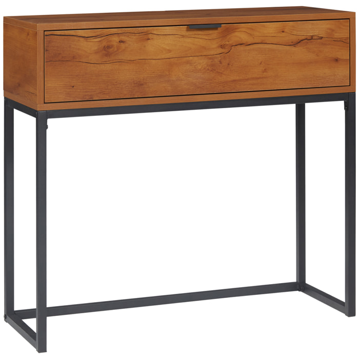 Console design - grand tiroir - dim. 80 x 30 x 76 cm - acier noir effet bois noyer
