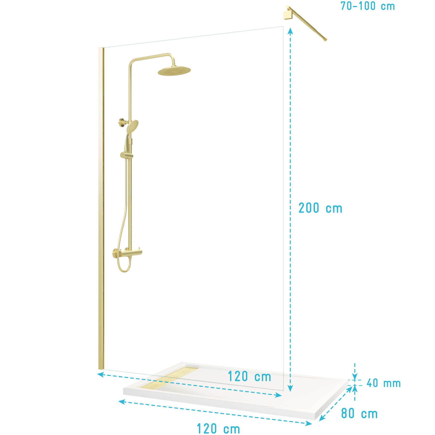 Pack Paroi 120x200 + Colonne Thermostatique + Receveur Effet Pierre 80x120 et Grille - Or Brossé