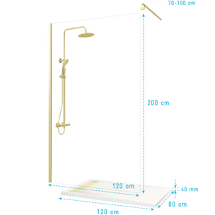 Pack Paroi 120x200 + Colonne Thermostatique + Receveur Effet Pierre 80x120 et Grille - Or Brossé