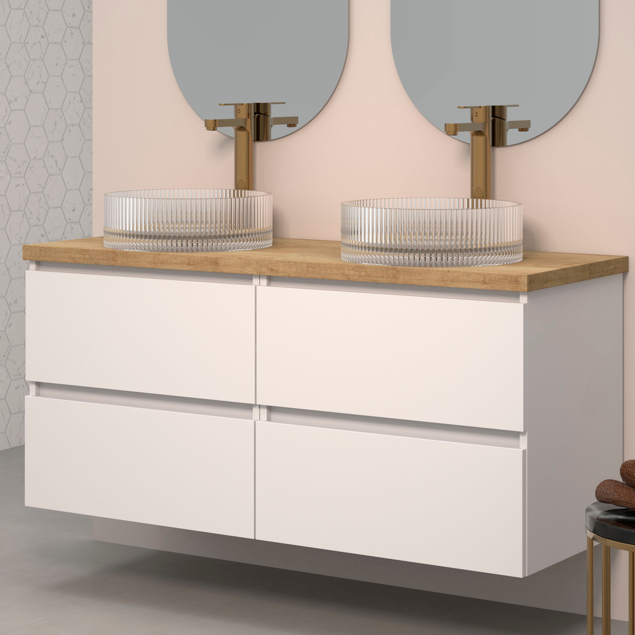 Conjunto de Baño Kub | 120 cm Blanco | Cuatro Cajones | Lavabos de Cristal | No incluye Espejo | Mueble Montado | Alday