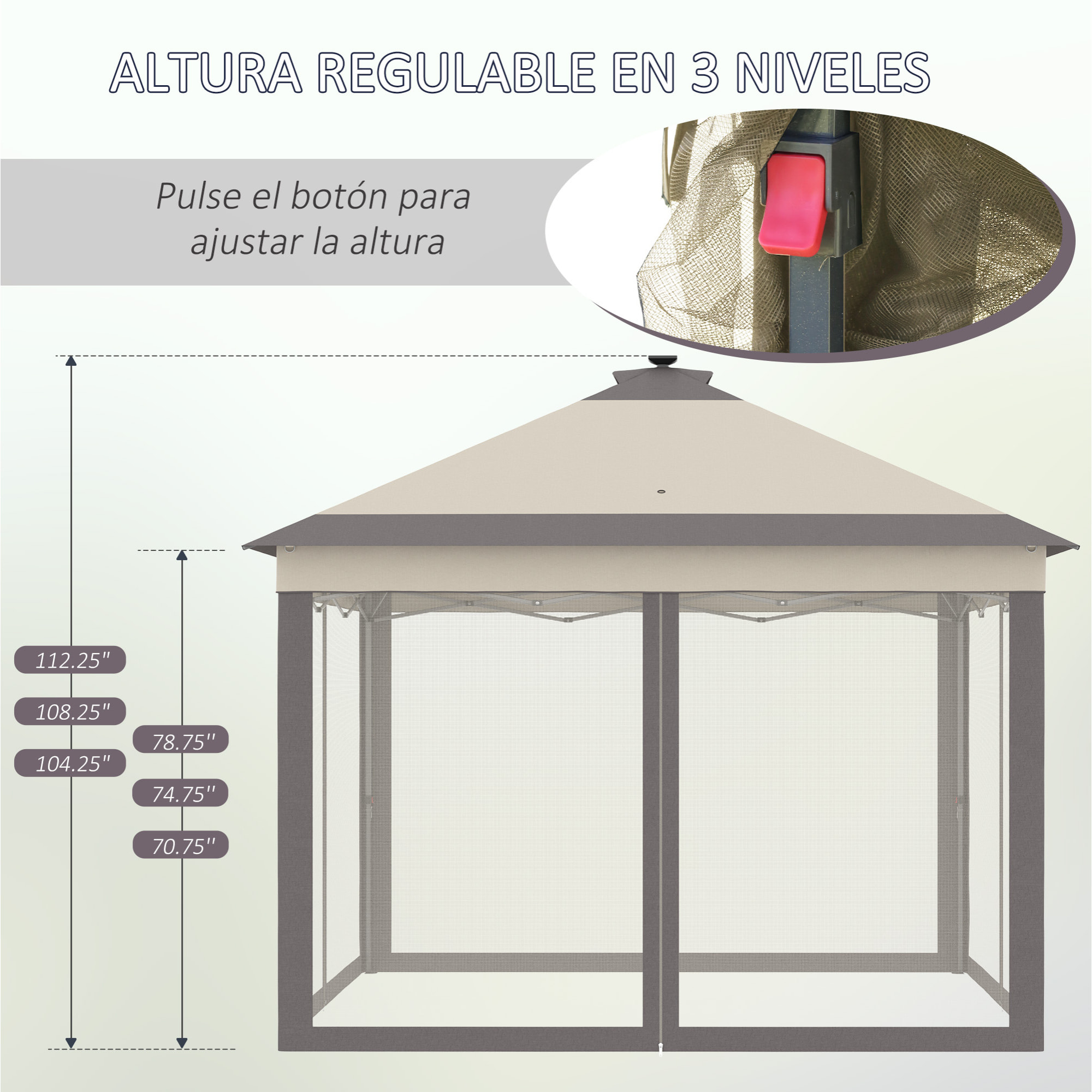 Carpa Plegable con Luces LED 3,3x3,3 m Cenador de Jardín con Control Remoto 4 Paredes Laterales de Malla Altura Ajustable y Bolsa de Transporte para Patio Fiestas Beige