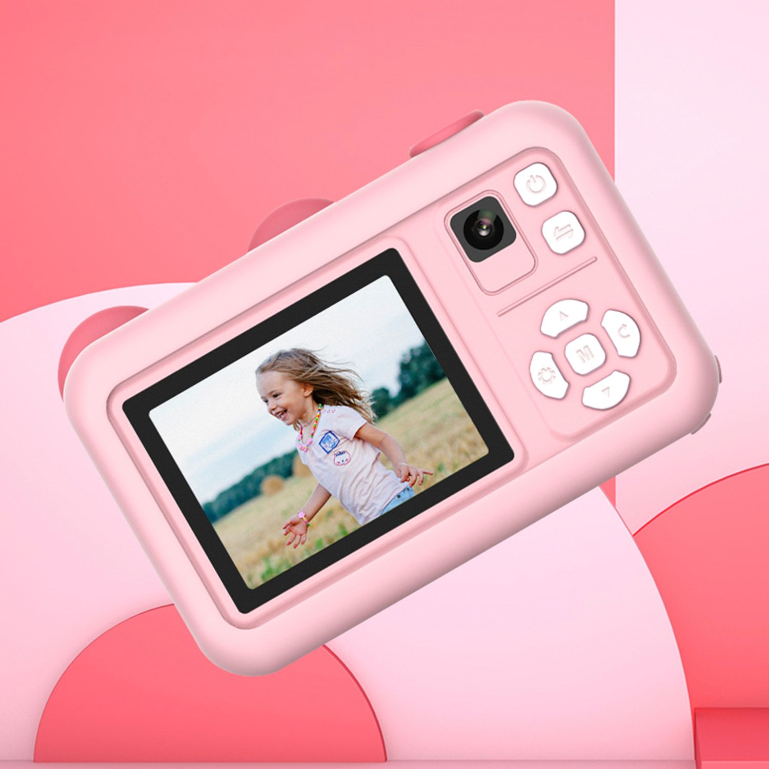 DAM Cámara digital, diseño Oso, de fotos 26mpx y video FHD para niños. Pantalla 2 pulgadas. Incluye trípode con función grip. 5x5x6,2 Cm. Color: Rosa