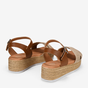 Sandalias de piel cuero con cuña y plataforma de esparto