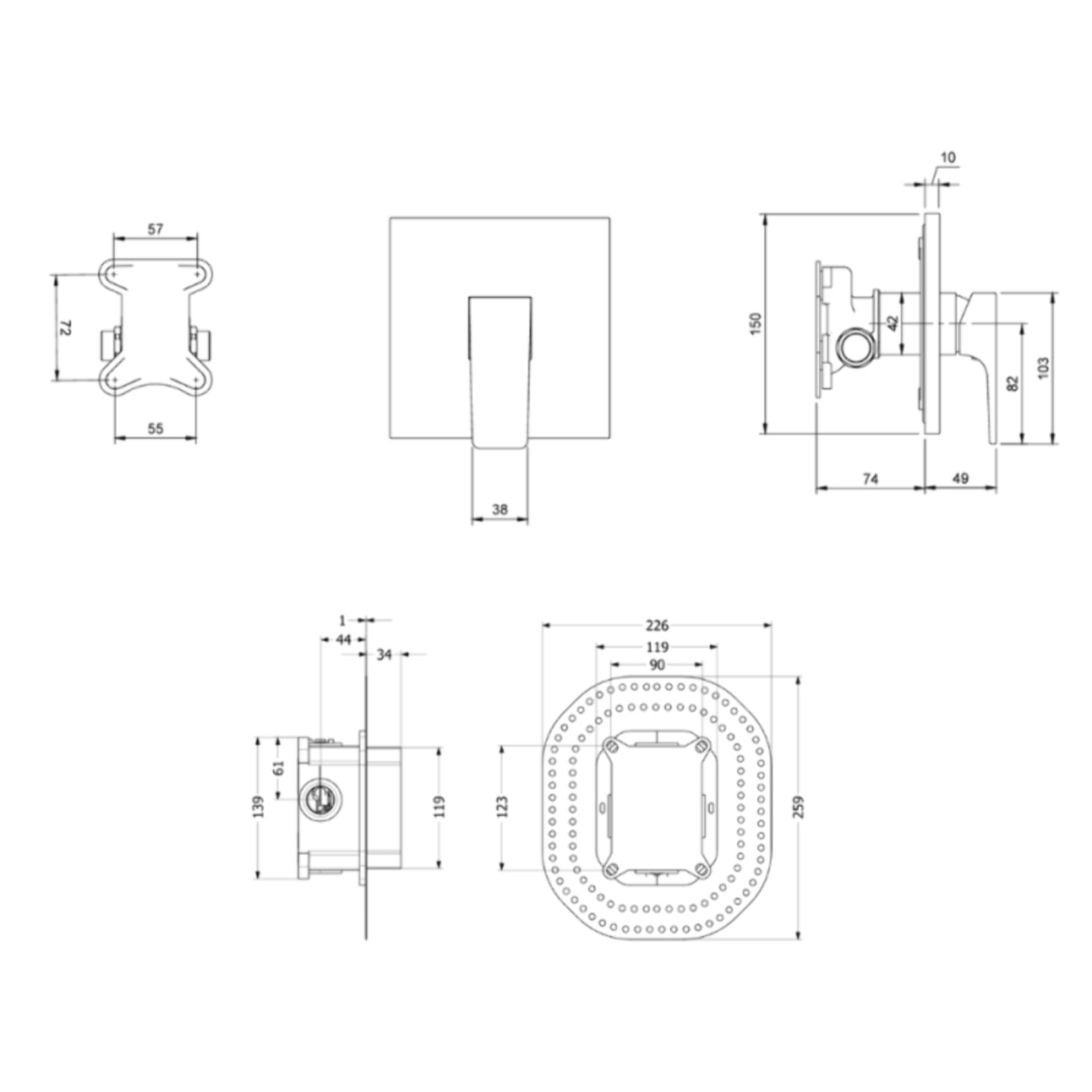 Façade mécanique Architectura Square Or brossé + corps encastré