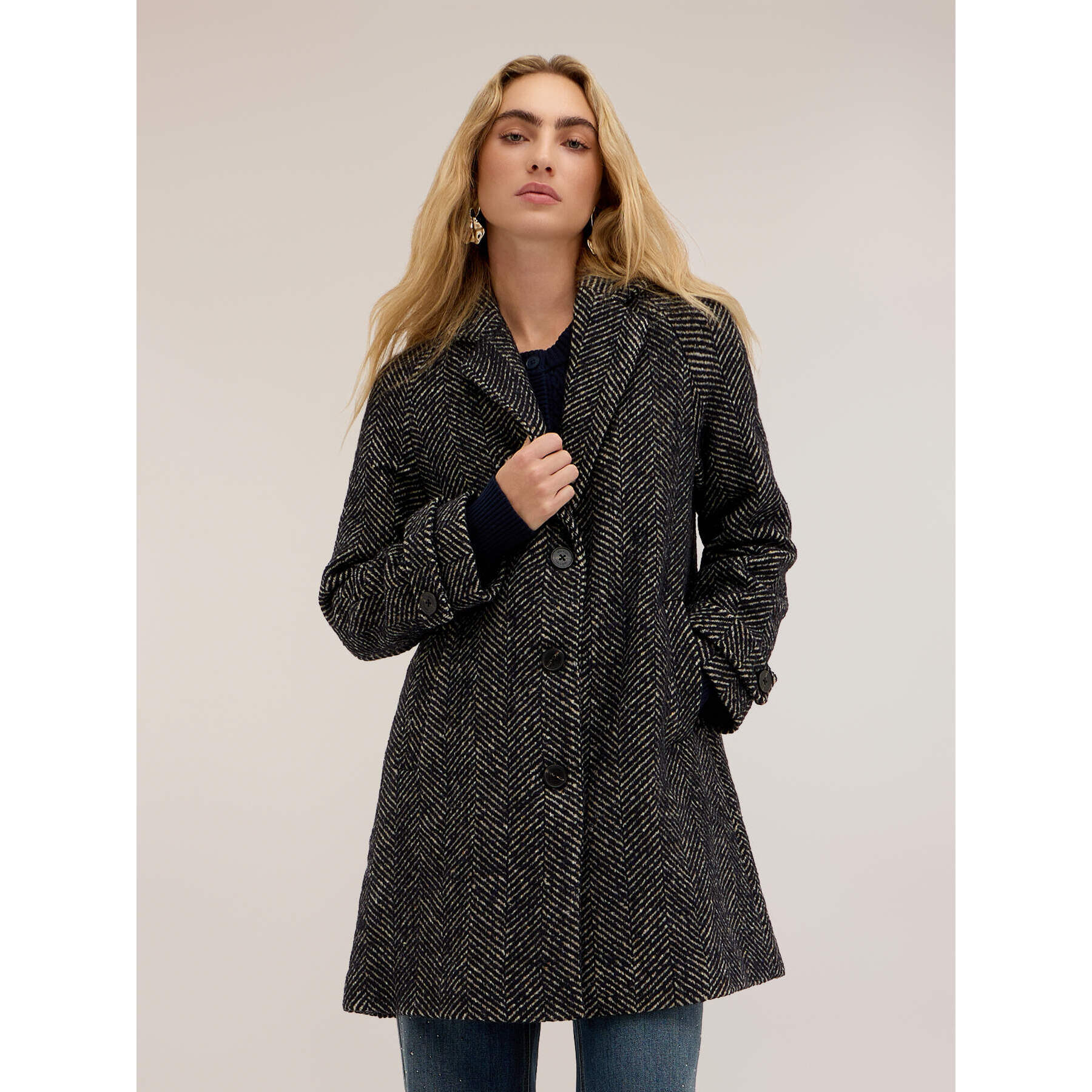 Motivi - Cappotto spigato misto lana - Nero