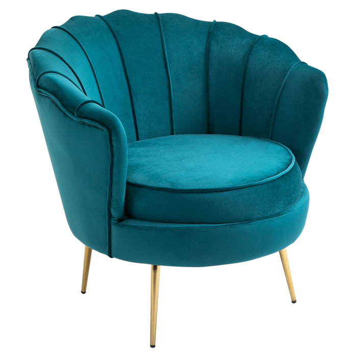 Fauteuil coquillage fauteuil design dim. 79L x 77l x 77H cm pieds dorés effilés velours bleu canard