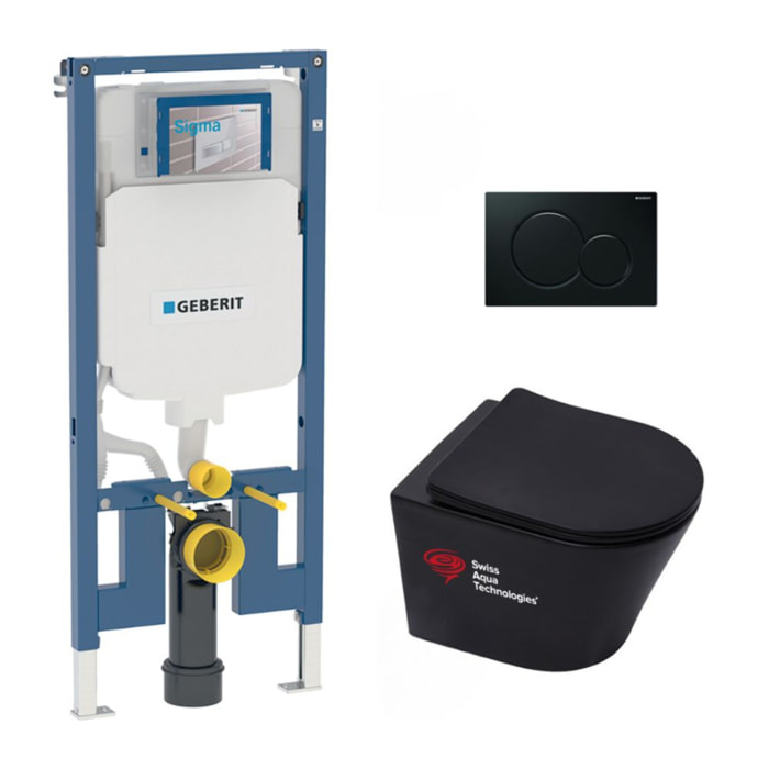 Pack WC bâti-support Geberit + WC Swiss Aqua Technologies sans bride + abattant SoftClose + plaque (SLIM-BlackInfinitio-A)