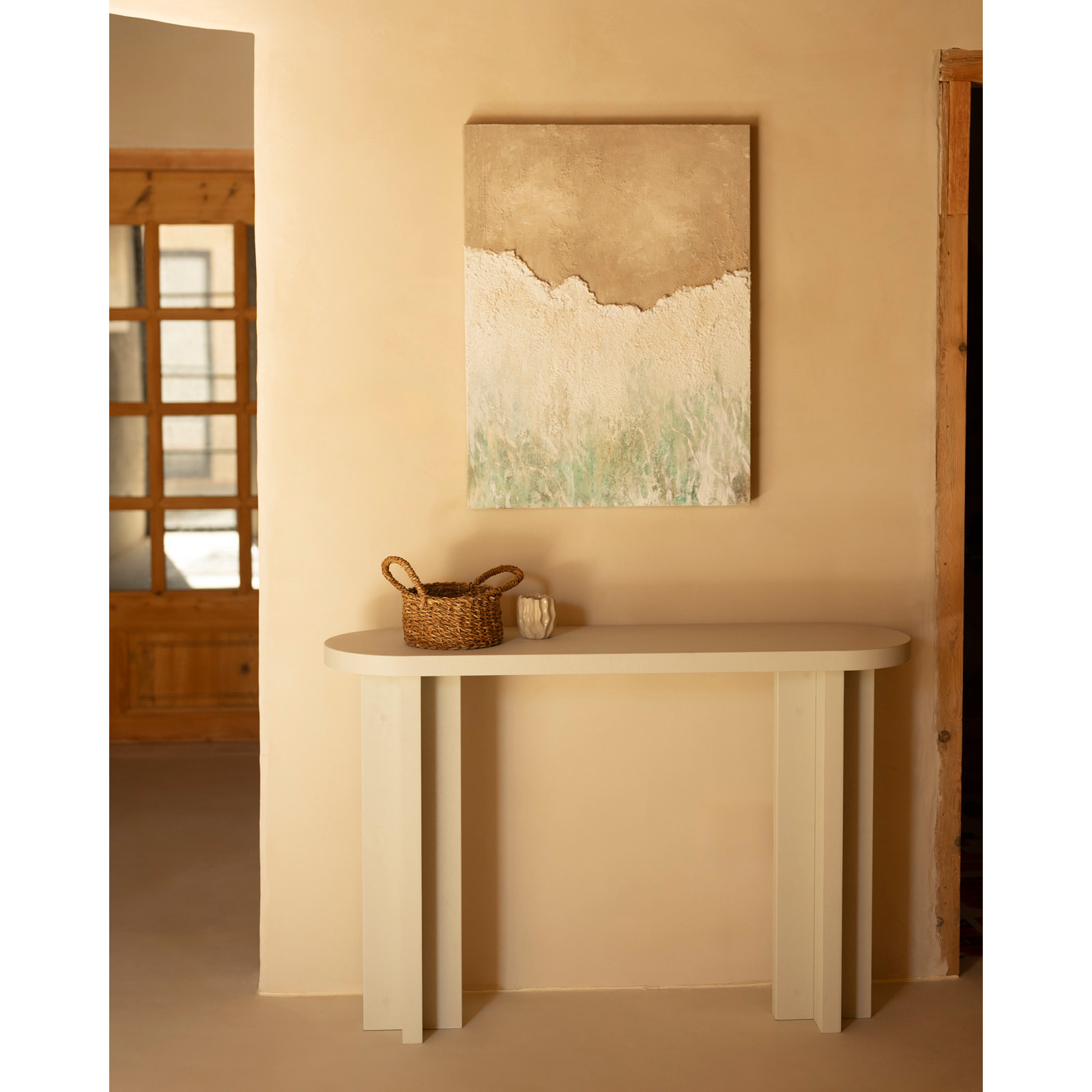 Tableau beige et blanc décoratif sur coton avec cadre en bois peint à la main à la peinture à l'huile en différentes tailles