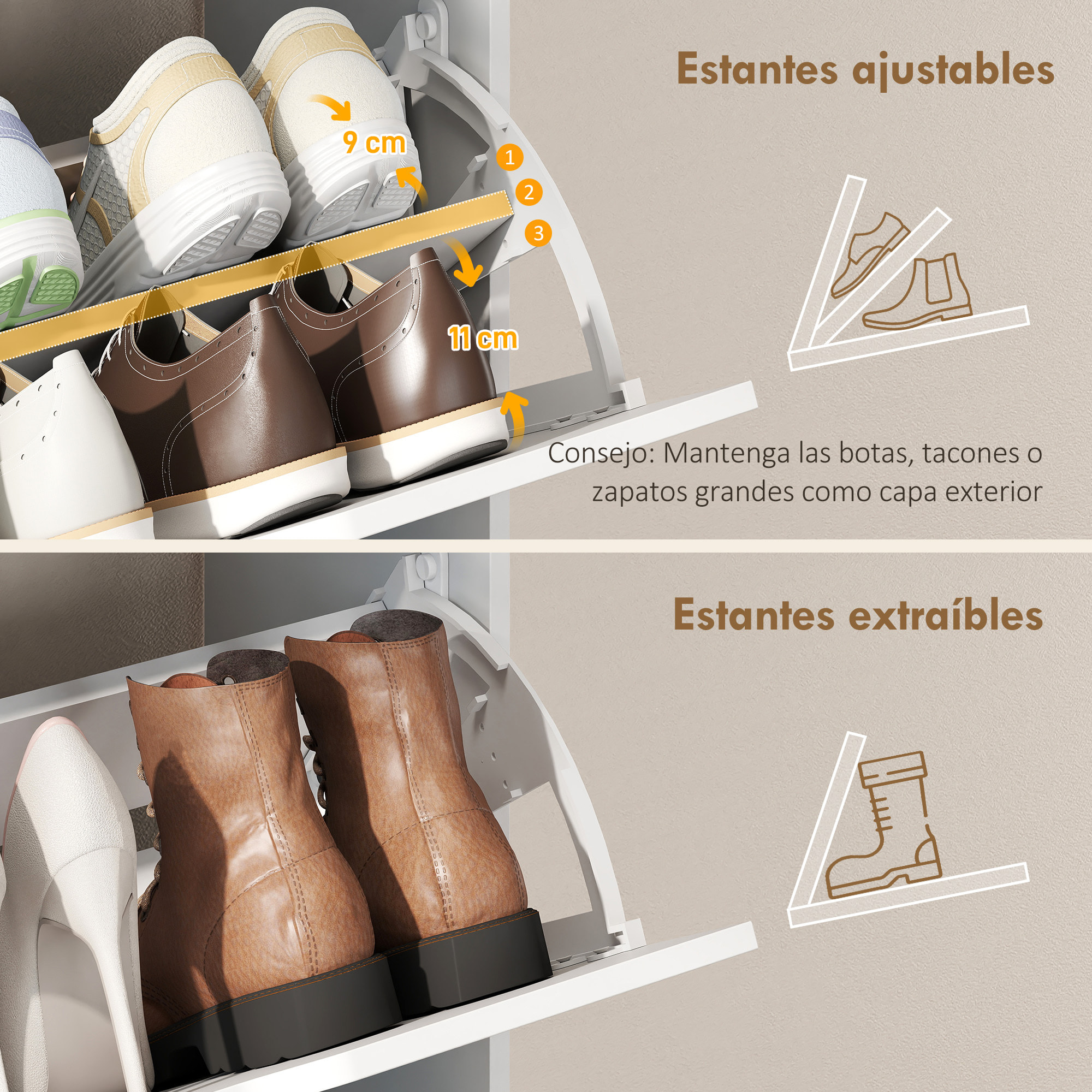 Zapatero Estrecho con 3 Cajones Abatibles, Zapatero Entrada Recibidor Alto con Estantes Ajustables y Compartimento Abierto, para 12-18 Pares de Zapatos, Blanco