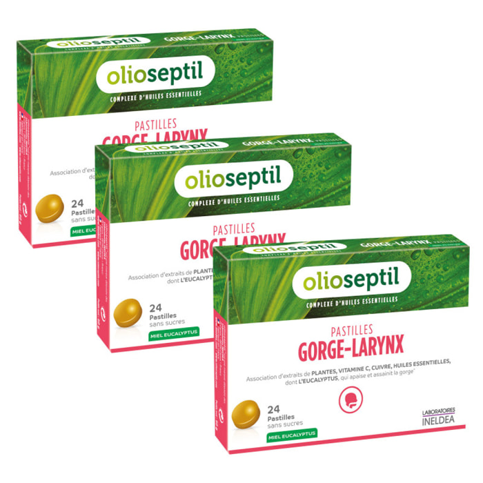 OLIOSEPTIL® - Pastilles à Sucer Gorge-Larynx - Sans Sucres Ajoutés - Extraits de Plantes, Vitamine C, Cuivre et Huiles Essentielles - Apaise et Assainit la Gorge - Goût Miel Eucalyptus - Lot de 3