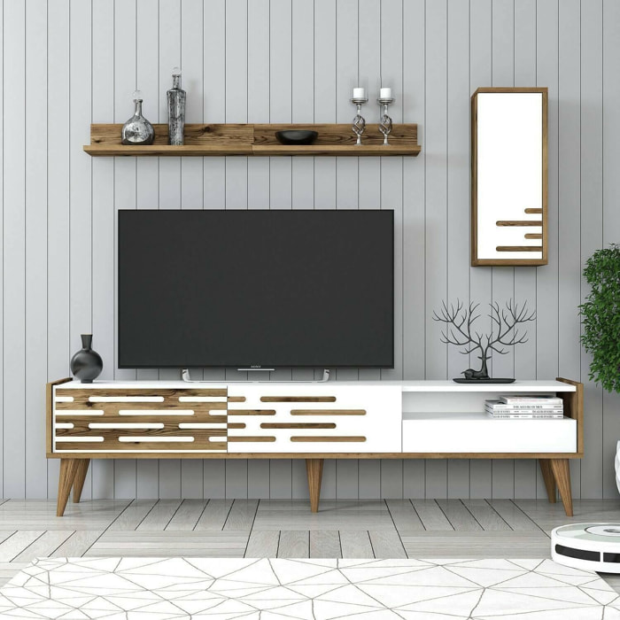 Mobile porta TV Dbrunozz, Credenza da soggiorno, Armadio basso per TV, Base parete attrezzata, 180x45h35 cm, Bianco e Noce