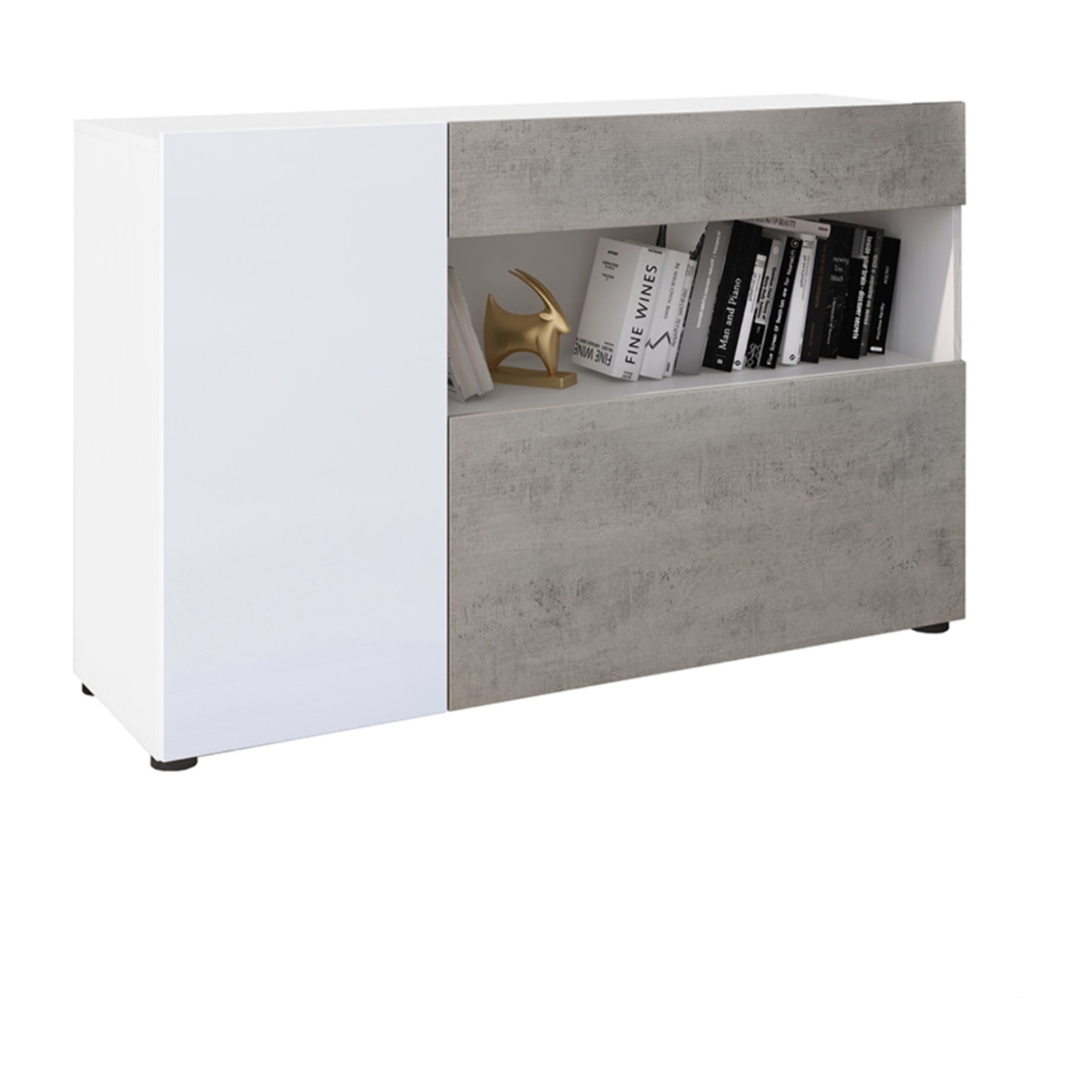 Credenza Moderna Madia Mobile Contenitore Con 2 Ante 1 Cassetto Ripiani Interni Design Minimal Soggiorno Salotto 130x81x41 Cm Bianco Grigio Cemento