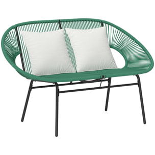 Banc de jardin 2 places design Acapulco 2 coussins métal résine filaire vert