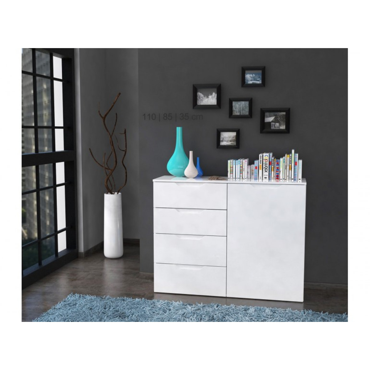 Commode dressing blanc laqué 1 porte, 4 tiroirs - SIENNA