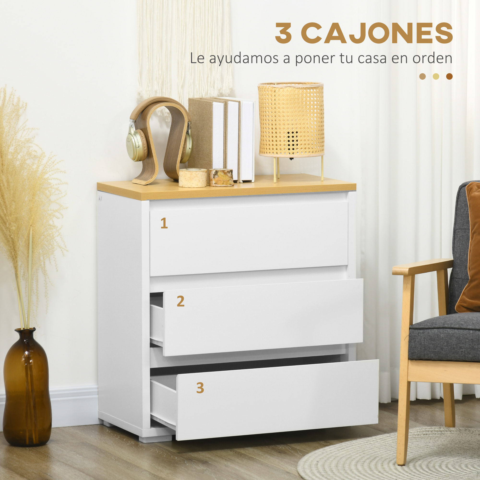 Cómoda 3 Cajones, Cómoda Dormitorio sin Tiradores, Cajonera para Salón, Oficina, Estilo Moderno, 70x37x75 cm, Blanco