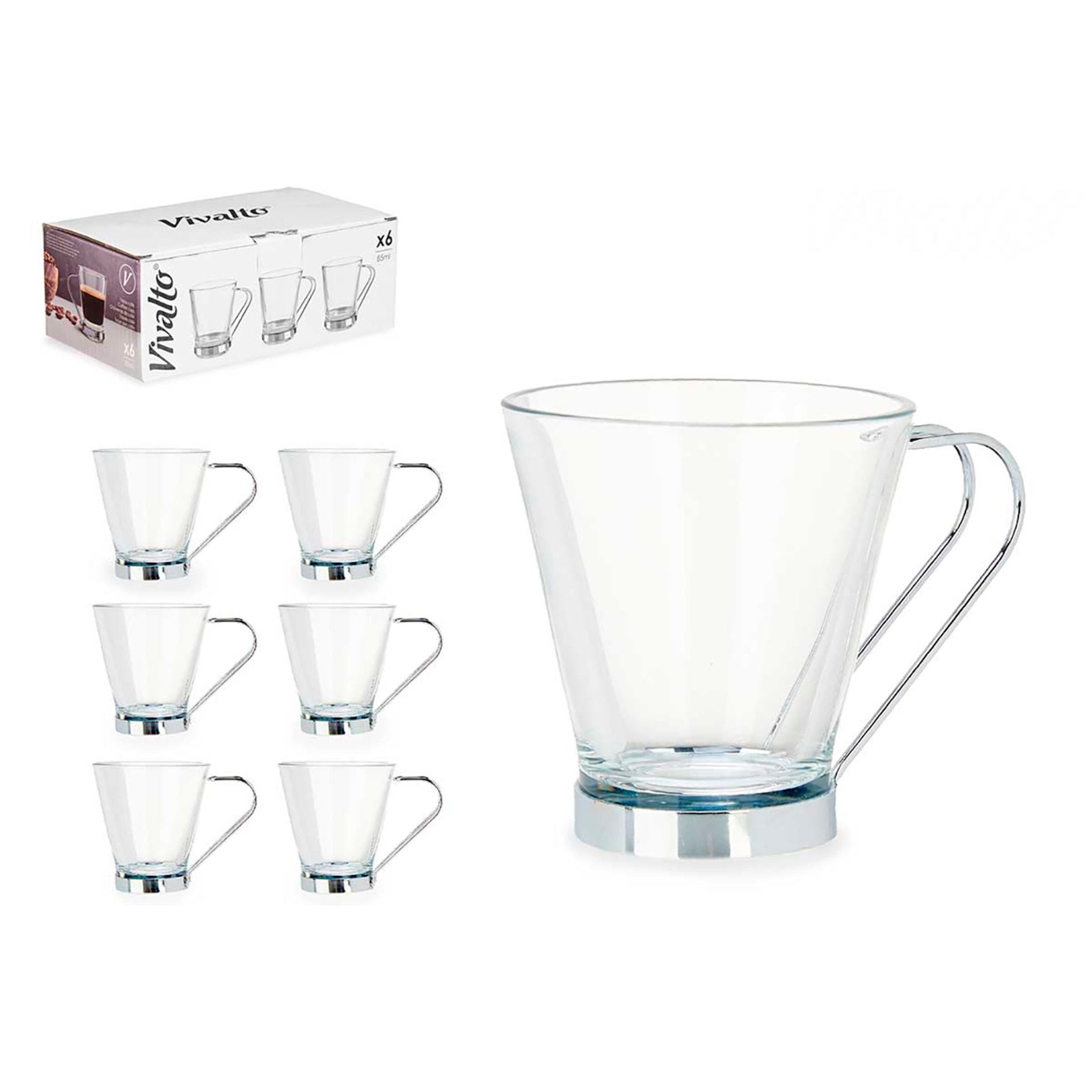 PACK 6 TAZAS VIDRIO CON ASA METAL 85 ML CAFE