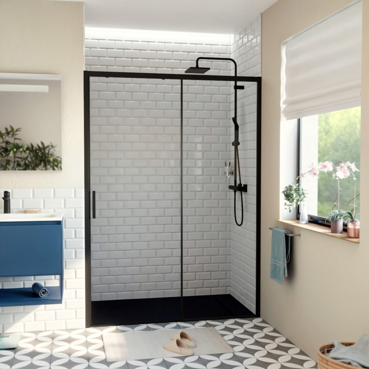 TEX BB Porte de douche 140x195cm coulissante anticalcaire avec profilés noir mat  (TEXDBB140CT-SET)