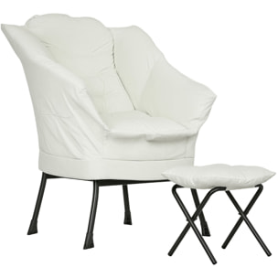 Sillón de Salón con Reposapiés Sillón de Relax Butaca para Dormitorio con Bolsillos Laterales y Patas de Acero para Sala de Estar Crema