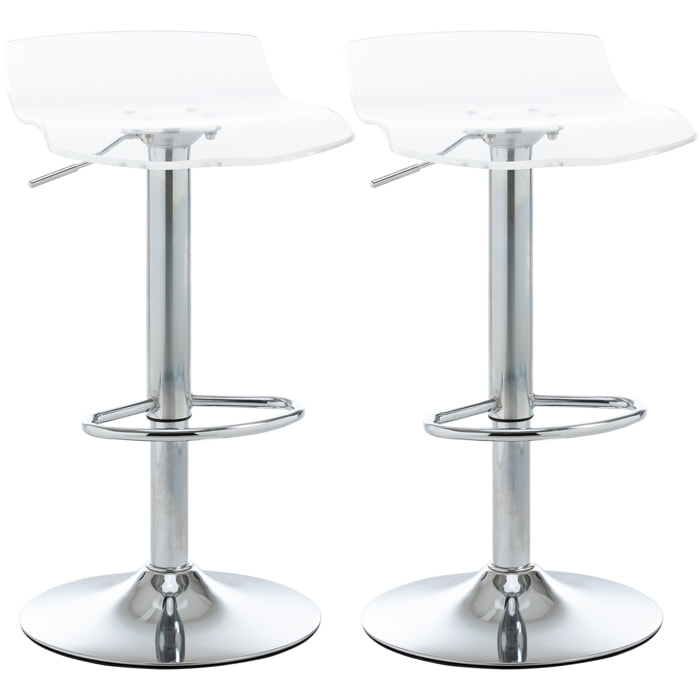 Lot de 2 tabourets de bar design contemporain assise acrylique et piètement métal - pivotant 360° - hauteur réglable avec repose-pieds - transparent