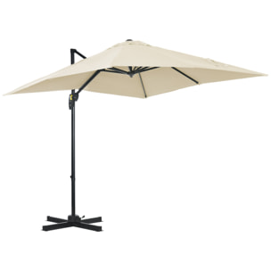 Parasol déporté carré inclinable manivelle avec pied en acier dim. 2,45L x 2,45l x 2,45H m métal alu. polyester haute densité beige