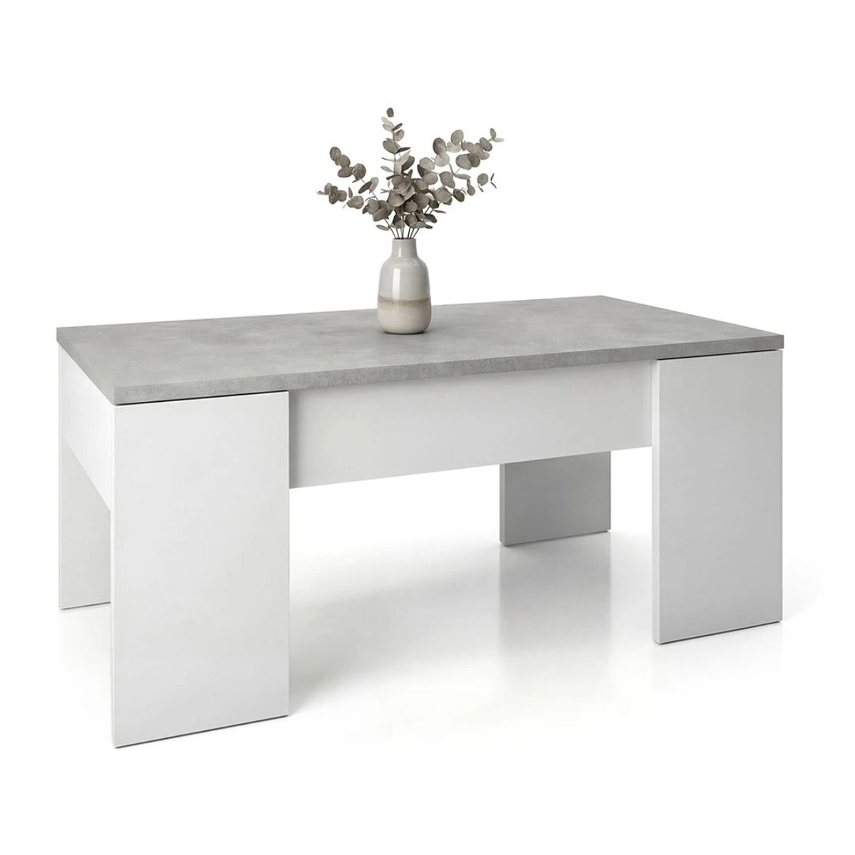 Mesa de centro elevable con almacenaje en blanco artick y gris cemento 100x45-56 cm Vita Blanco Artik (Blanco Mate) - Gris Cemento