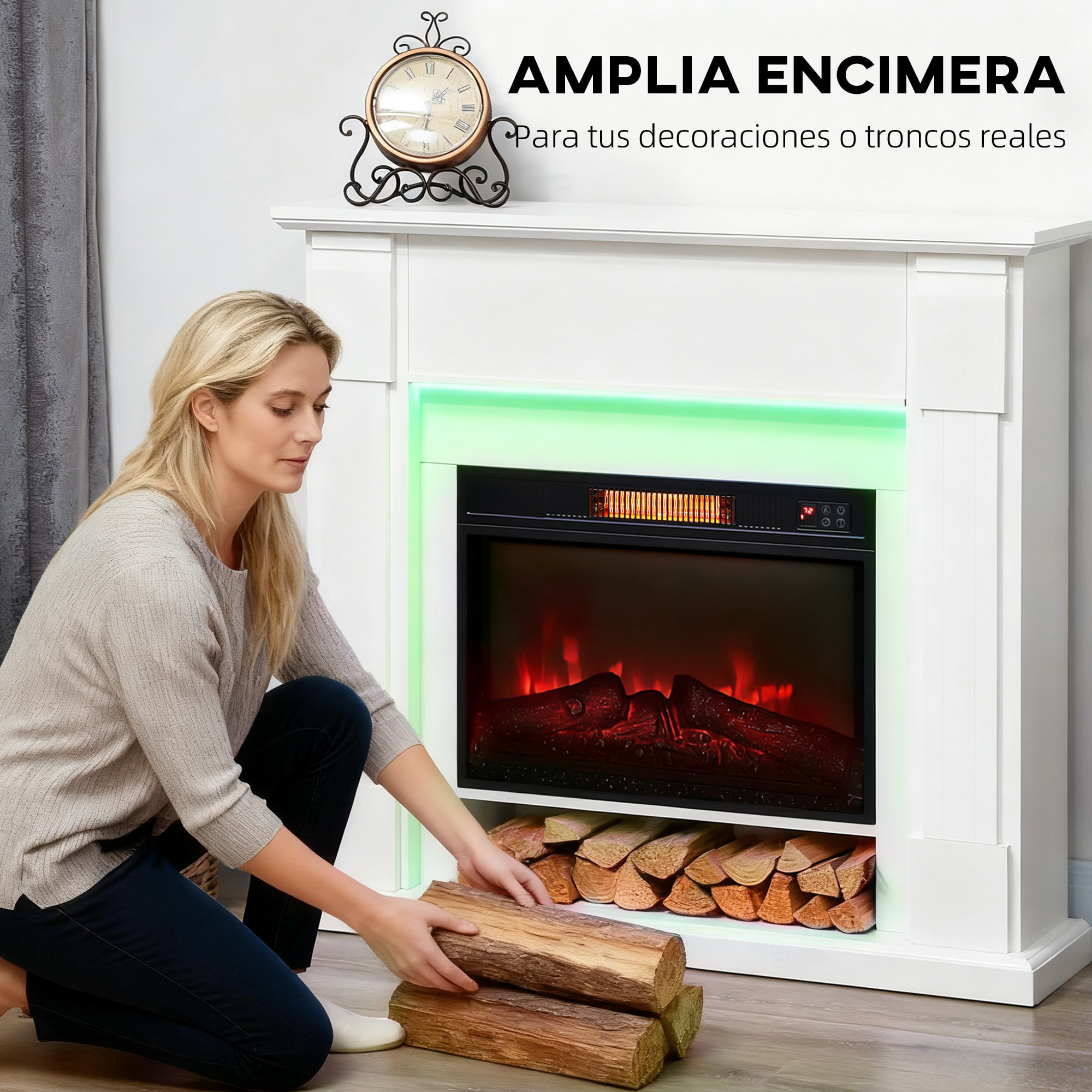 Chimenea Eléctrica Empotrable con Efecto de Llama 3D, Tira de Luz LED RGB, Chimenea Decorativa, 1800W, Temporizador, Termostato Digital, Mando a Distancia, para 30 ㎡, Blanco