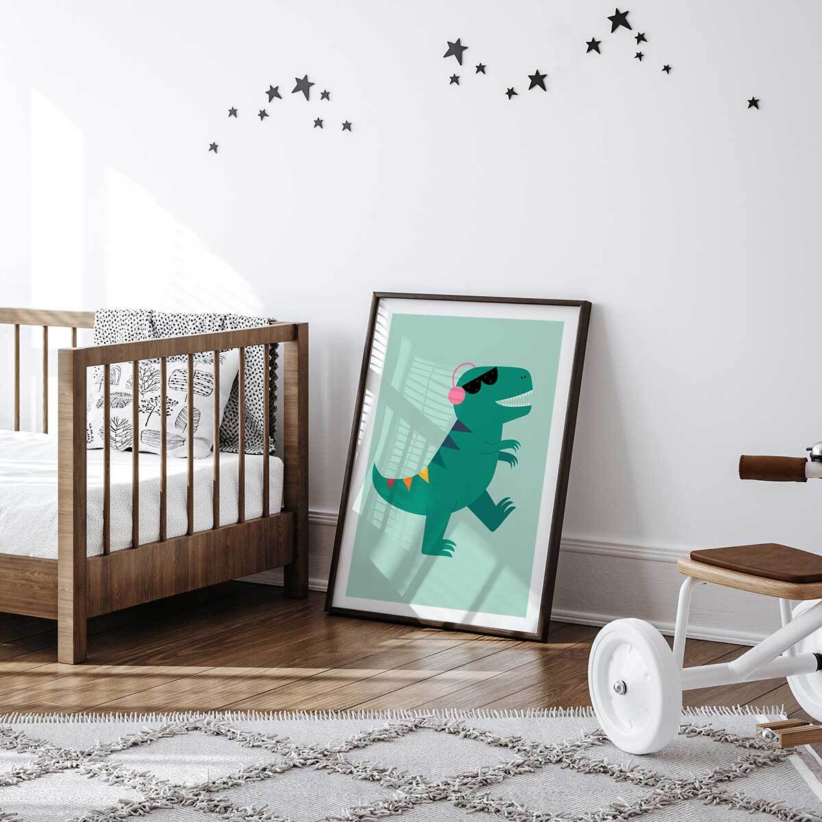 Affiche enfant dino music  Affiche sous cadre noir