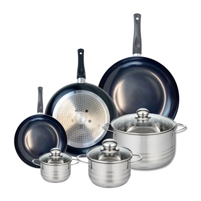 Ensemble de 3 Poêles de cuisson 20, 28 et 32 cm et 3 faitouts 12, 16 et 24 cm Elo Prima Brillant