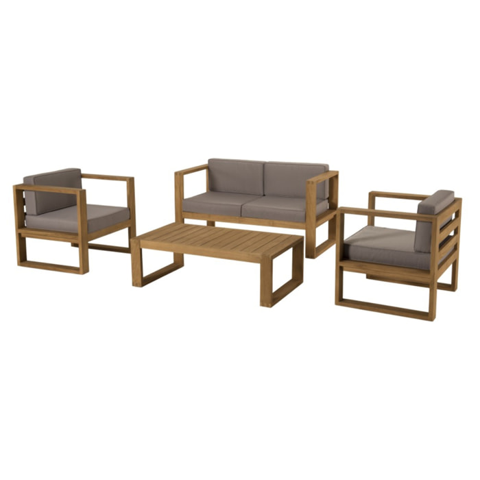 KIM - SALON DE JARDIN EN BOIS TECK - 1 canapé 2p. , 2 fauteuils coussins waterproof et table basse rectangulaire 110x60 cm